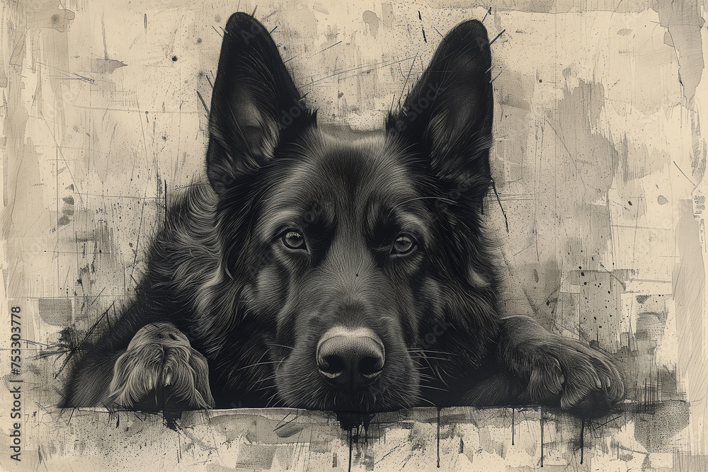 A captivating illustrated portrait of a German Shepherd, rich in warm hues that highlight its noble and attentive - obrazy, fototapety, plakaty 