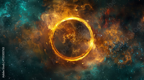 A dazzling abstract image of a golden cosmic ring, radiating energy and mystery against a backdrop of starry space