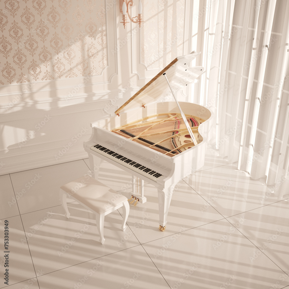 Opulent White Grand Piano in a Sunlit Room with Elegant Décor