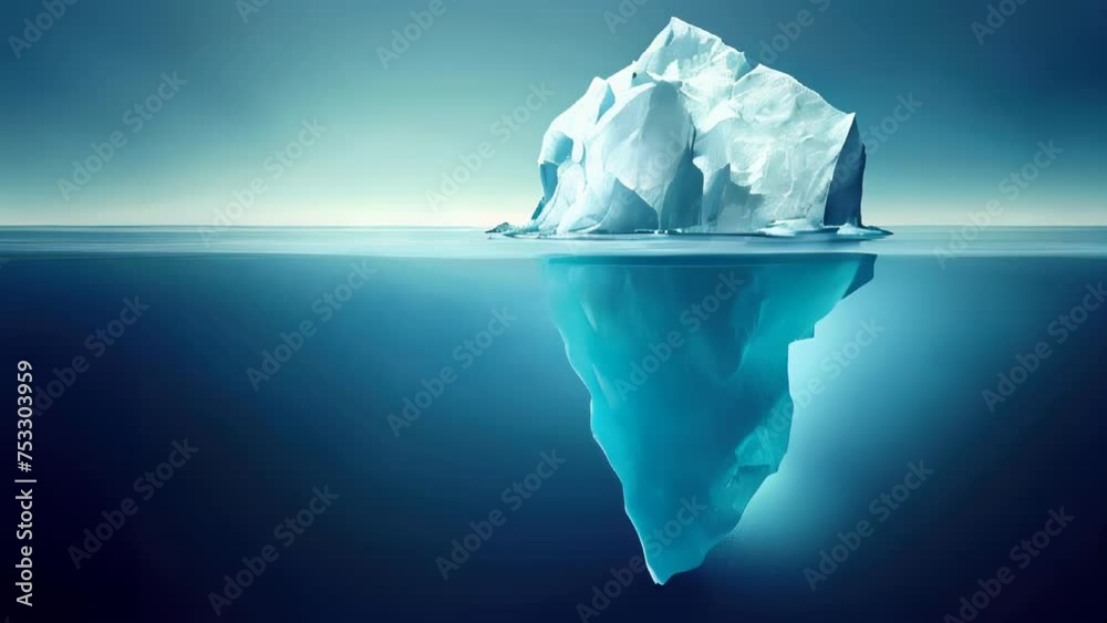 An arctic iceberg floats in clear blue water hiding covert danger underwater. Climate change and global warming concept with copy space. Melting glaciers concept and hidden threats and hidden meanings
