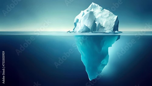 An arctic iceberg floats in clear blue water hiding covert danger underwater. Climate change and global warming concept with copy space. Melting glaciers concept and hidden threats and hidden meanings