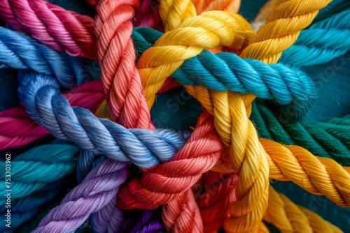Strong ropes braided together in colorful unity, representing diverse team network and partnership. Teamwork and cooperation concept with empowering connected ropes integrated on background, symbolizm