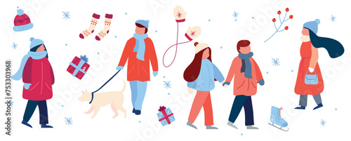 Set of winter season elements in cartoon style. Vector illustration of a boy with a dog, a girl, a couple of lovers dressed in winter clothes, gifts, skates, warm socks, gloves, a hat, snowflakes.