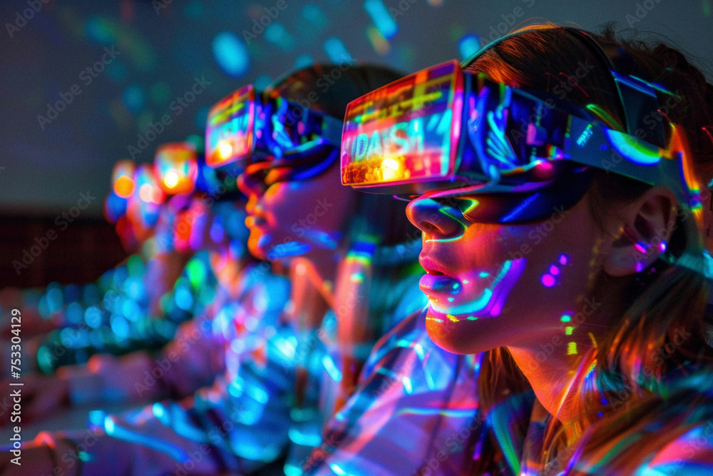 students in a classroom wearing ar headsets, with educational content glowing around them in a 3d space. students in a classroom wearing ar headsets, with educational content glowing around them in a 3d space.