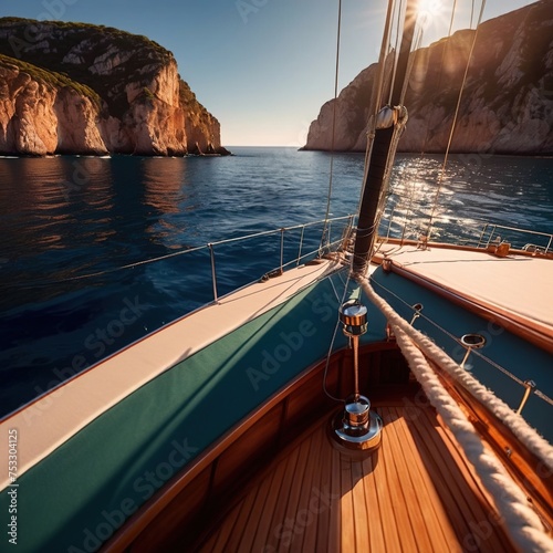 View from the deck of a luxury yacht with view of the ocean, luxury nautical lifestyle