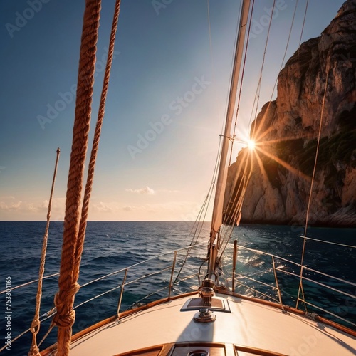 View from the deck of a luxury yacht with view of the ocean, luxury nautical lifestyle