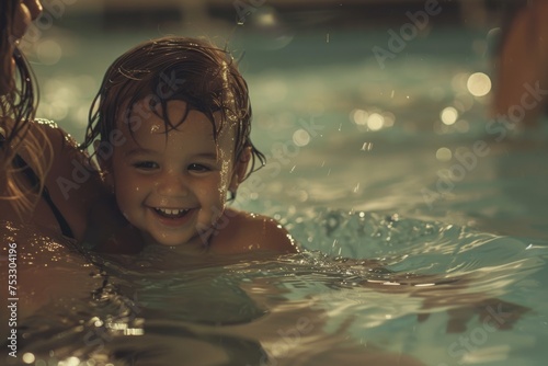 Smiling toddler swimming in pool during evening time.