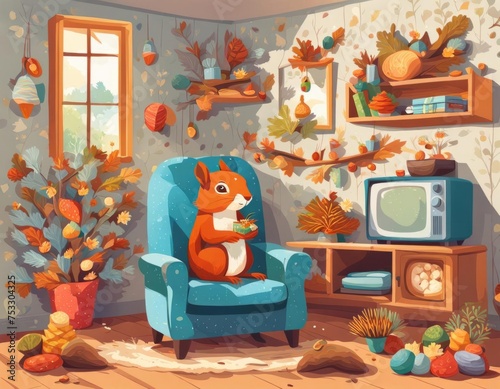 Colorful illustratioof the hollow of an oak tree - a home for a squirrel. Modernly furnished. Squirrel room with soft chair and a TV. The squirrel is sitting in his chair and watching TV.  photo