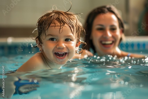 Happy toddler with mother enjoying pool time together.