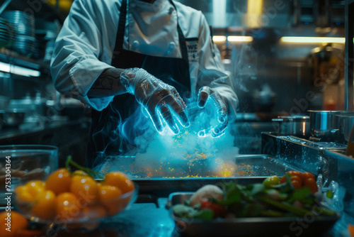 a sous-chef preparing ingredients with gloves that glow to prevent cross-contamination.