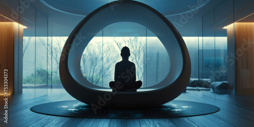 a modern meditation pod with walls that glow with calming patterns, synchronizing with the user's breathing.