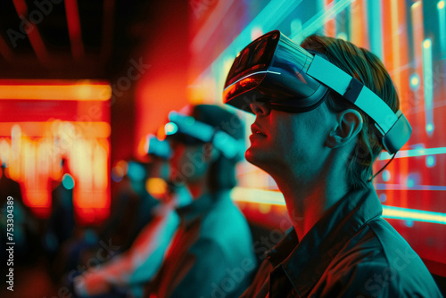 a pitch event with the audience wearing ar glasses, with the presented data and graphs glowing in their field of vision.