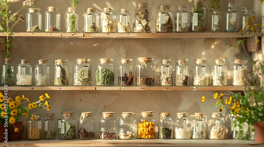 the beauty of dried herbs by arranging them in glass jars with handwritten labels