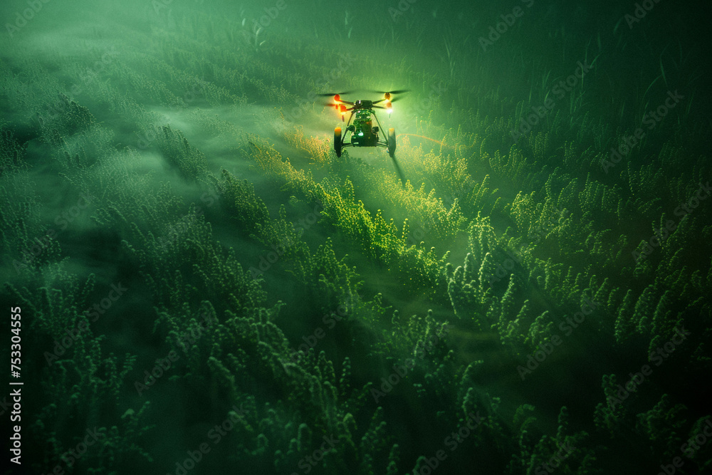 a farmer using a drone to survey crops, with a glowing digital readout projected in the air, showing crop health stats. - obrazy, fototapety, plakaty 