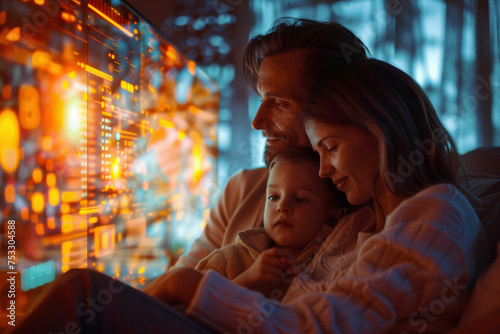 a single parent family with a futuristic home setting in the background, glowing smart home interfaces highlighting their connected life.