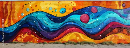 Vibrant abstract mural featuring waves and bubbles in a myriad of colors on a brick wall.
