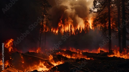 Big forest fire and smoke clouds in pine stands. Wildfire. Flame is starting to damage the trunk. Whole area covered by flame photo