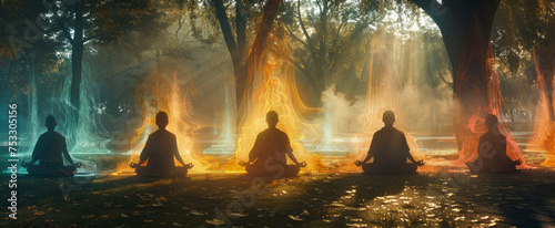 a group of yogis in a park with their energy fields visualized as glowing auras, representing the flow of chi.