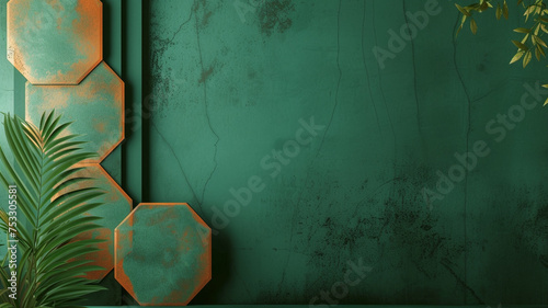 Muted sage hexagons gently emerging on a muted terracotta wall, transitioning into a sleek vector banner on a rich forest green velvet background.