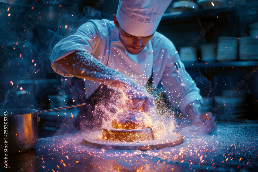 a pastry chef decorating a cake with a glowing edible glitter that responds to ambient light. - obrazy, fototapety, plakaty 