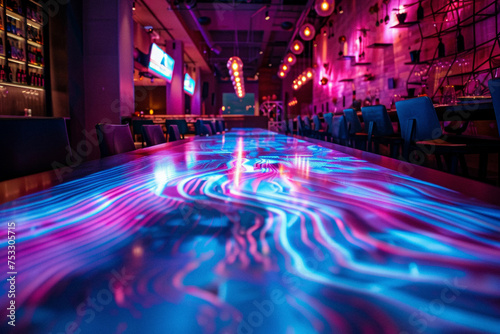a restaurant with an interactive table that glows with the journey of the ingredients from the farm to the plate  tracing the path with illuminated lines.