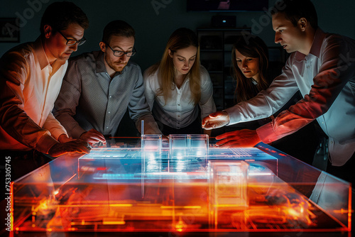 a product design team with a 3d hologram of their product in the center of the table, its key features shining as they discuss.