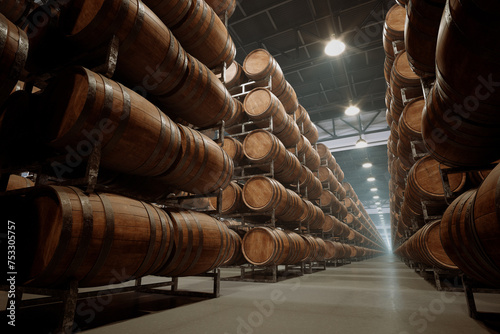 Vintage Wooden Barrels Stored in a Dimly Lit Aging Warehouse Facility
