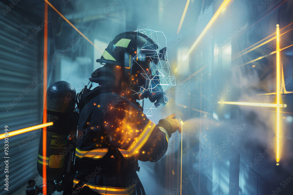 a firefighter using a futuristic holographic display to navigate through a smoky building, with the path and important objects outlined in glowing lines. a firefighter using a futuristic holographic display to navigate through a smoky building, with the path and important objects outlined in glowing lines.