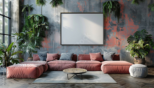 Modern living room interior with white framed poster mockup and pink sofa. Contenporary interior with plants. photo