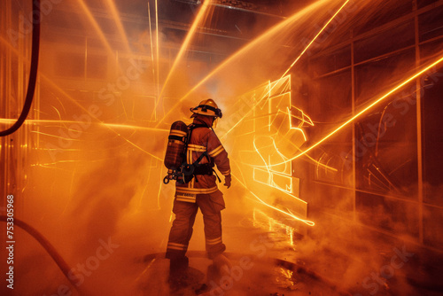 a firefighter using a futuristic holographic display to navigate through a smoky building  with the path and important objects outlined in glowing lines.