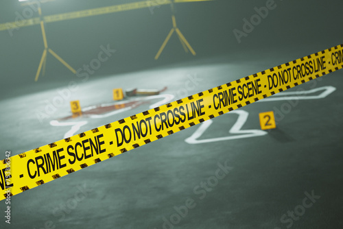 Forensic Crime Scene with Yellow Caution Tape and Numbered Evidence Markers