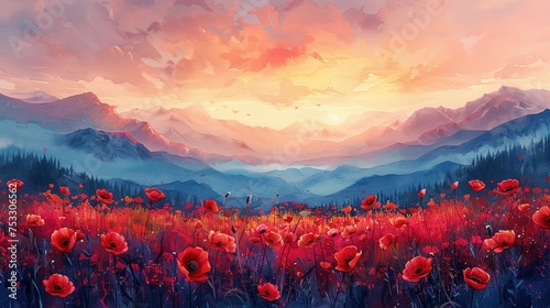 Watercolor painting of meadow with poppies and mountains at sunset. Digital watercolor painting. Printable wall art. Generative AI
