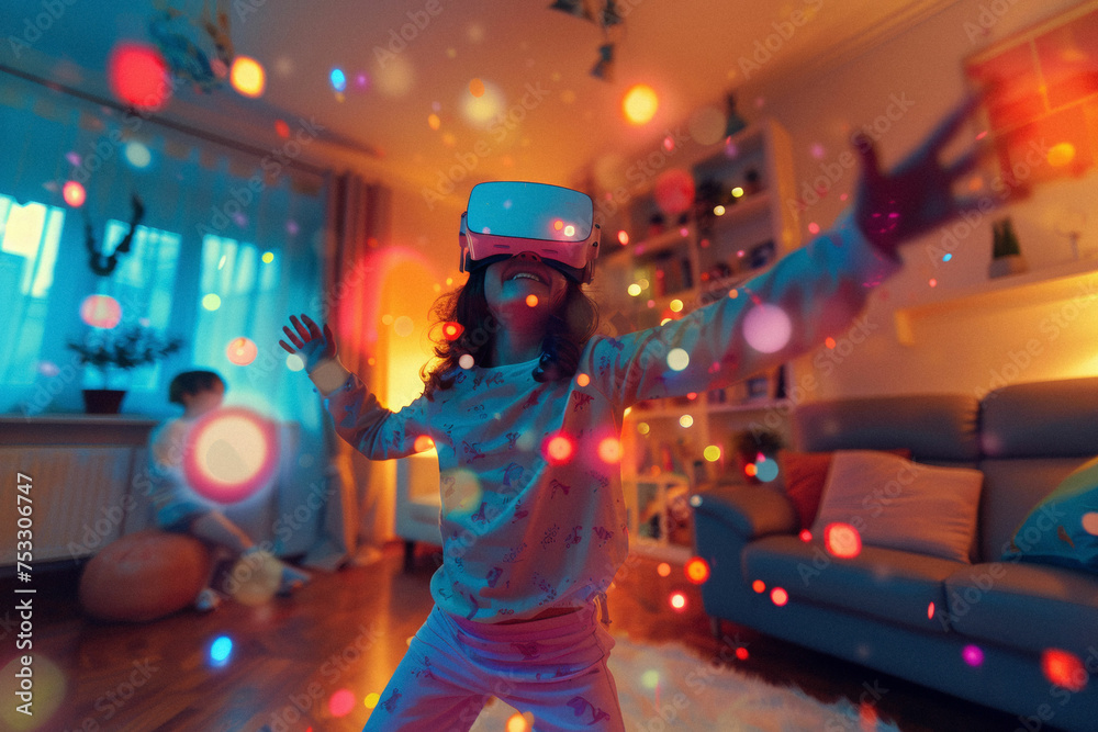 children in a living room with interactive vr educational games, glowing objects floating around them. children in a living room with interactive vr educational games, glowing objects floating around them.