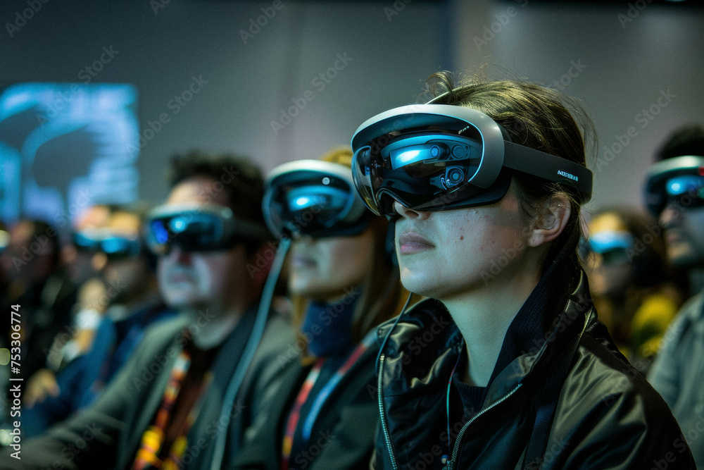a pitch event with the audience wearing ar glasses, with the presented data and graphs glowing in their field of vision. a pitch event with the audience wearing ar glasses, with the presented data and graphs glowing in their field of vision.