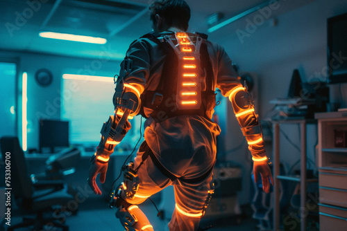 a physical therapy session with an exoskeleton suit, joints glowing to indicate movement range and progress.