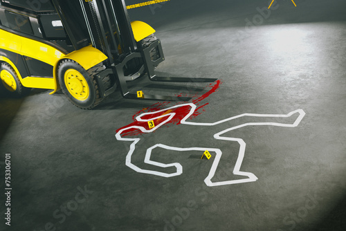 Obraz na płótnie Mock Crime Scene in Warehouse with Evidence Markers by Forklift w salonie