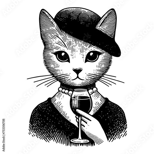 beautiful cat holding a wineglass sketch