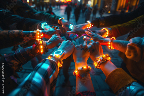 a group of friends who consider each other family, each with wearable tech glowing on their wrists showing shared activities and events.