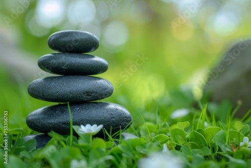 Zen stones stack on green grass background