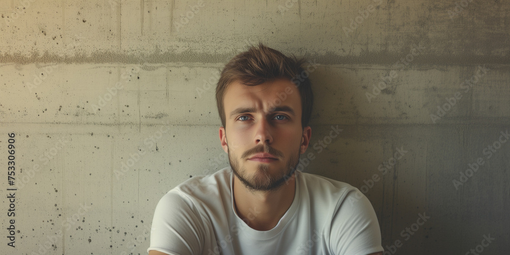 Contemplative young man with stubble in a white t-shirt, set against an industrial concrete backdrop Contemplative young man with stubble in a white t-shirt, set against an industrial concrete backdrop