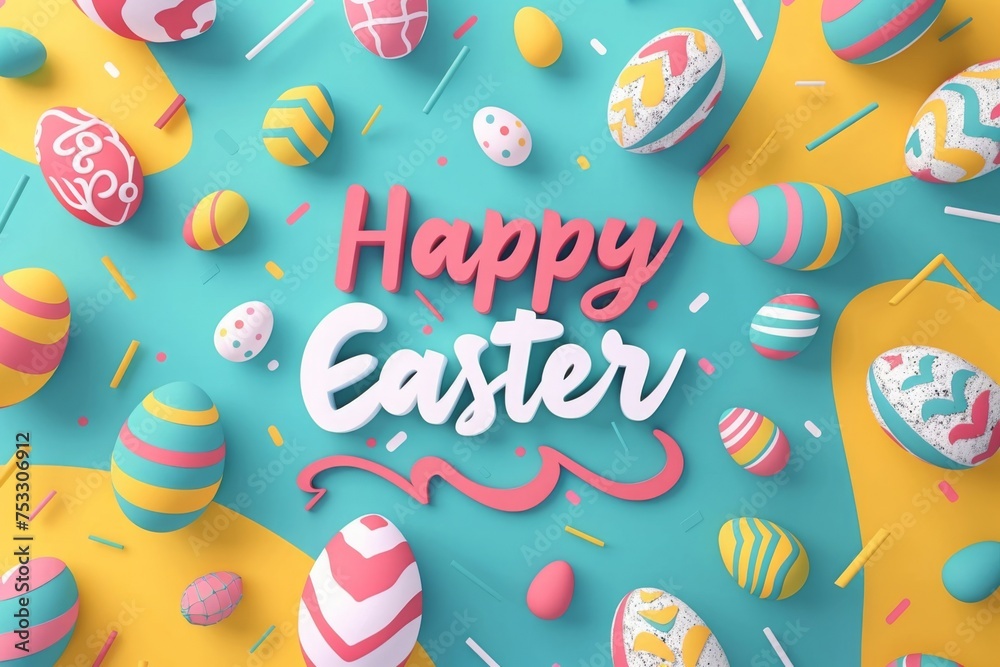 Happy Easter text decorated by Easter eggs in 3d style.
This Easter Quote  design is perfect for Easter greetings, cards, invitations, packaging, and  backgrounds. - obrazy, fototapety, plakaty 