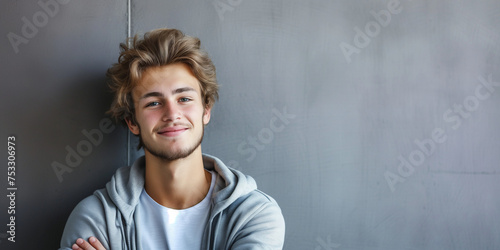 Radiant young man with tousled hair and a charming smile, leaning against a smooth grey wall