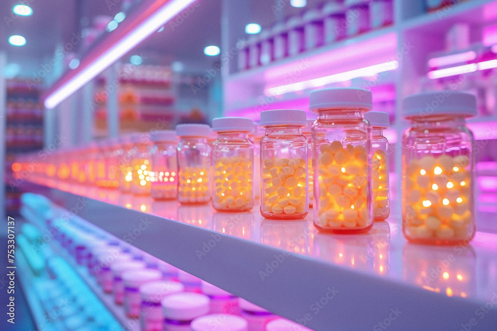 a pharmacy counter with a focused light on a line of medicine bottles, for pharmaceuticals.