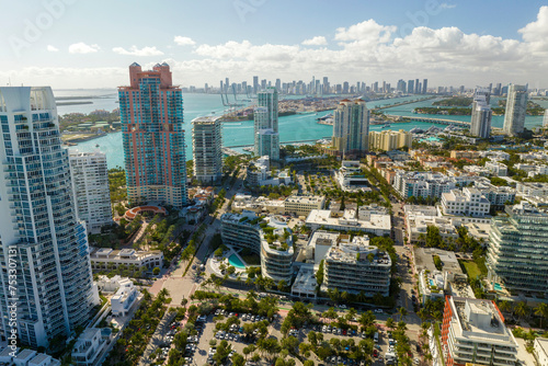 American southern architecture of Miami Beach. South Beach high luxurious hotels and apartment buildings. Tourist infrastructure in southern Florida, USA