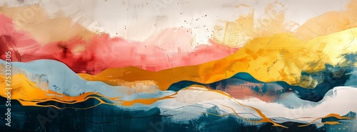 Abstract painted mural with layered brushstrokes and gold accents.