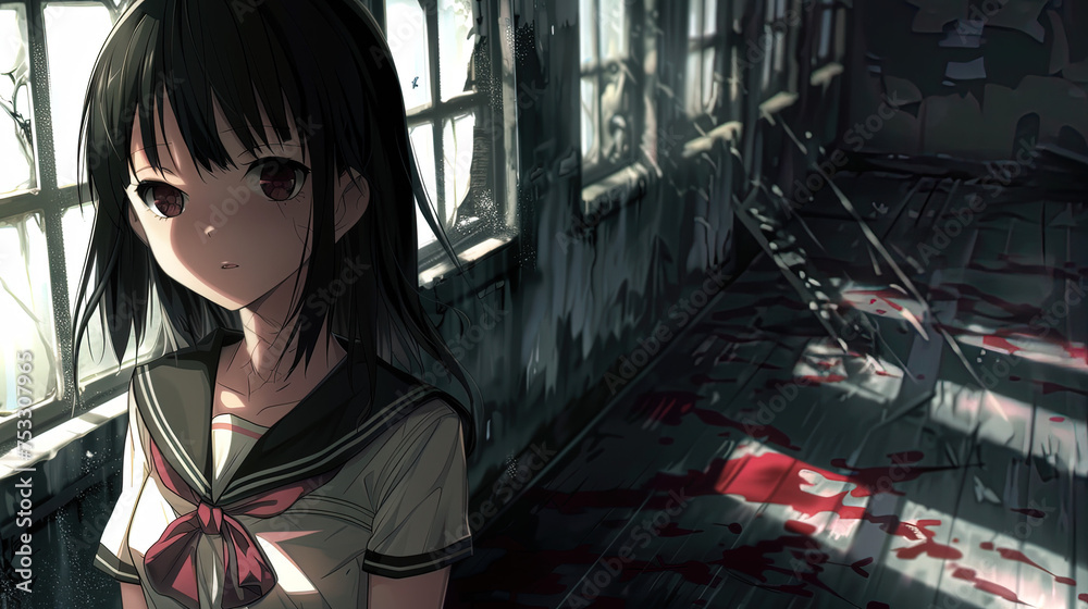 anime manga horror scene, digital illustration wallpaper, horror monster and school girls - obrazy, fototapety, plakaty 