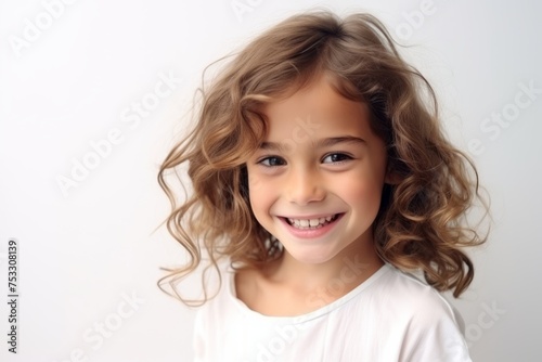 Portrait of a cute little girl with curly hair on a white background