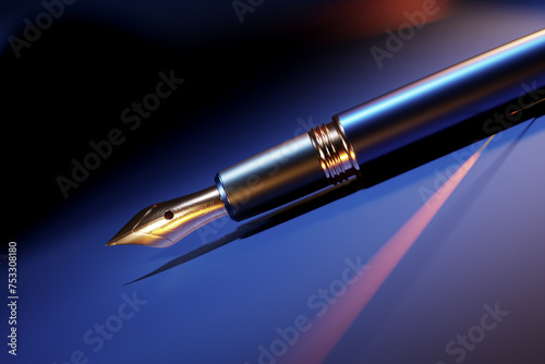Sophisticated Fountain Pen Poised on a Vivid Blue Surface with Golden Accents
