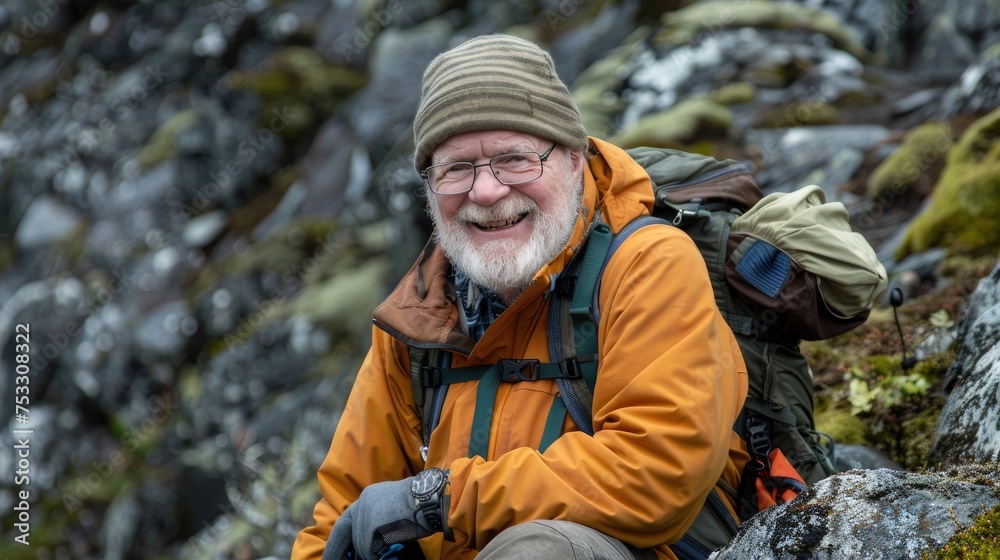 Elderly man smiling during a hike