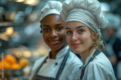 Two happy female chefs in uniform posing for a photo in the kitchen
